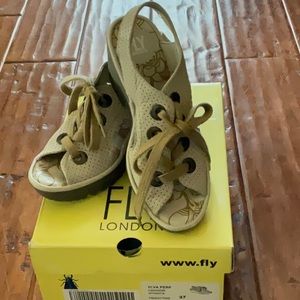 Fly London Yvan Perforated Leather Wedge sandal.  Size 7 Euro 37.